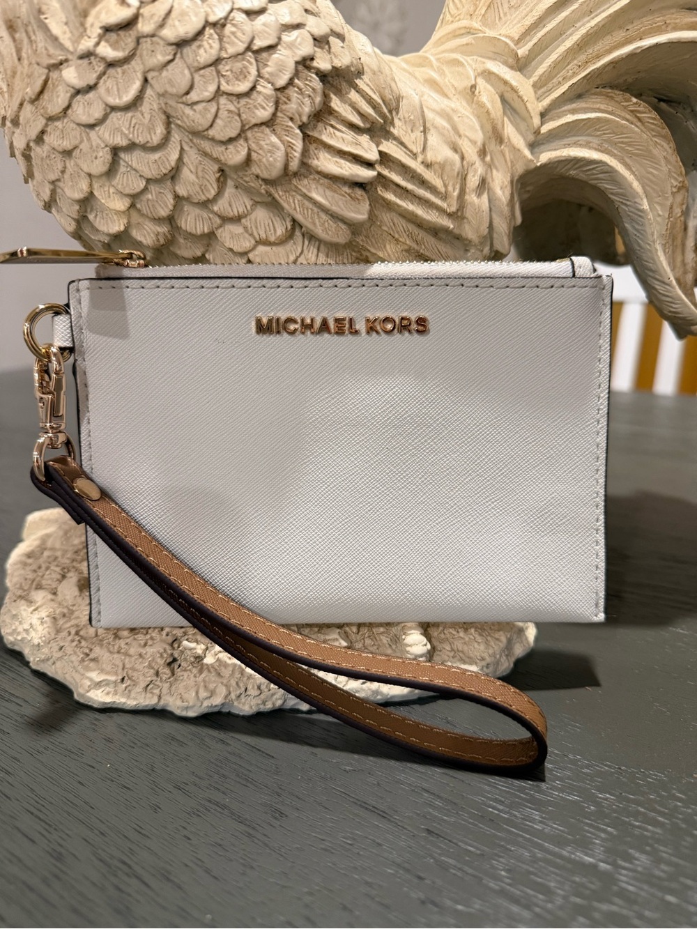 Michael Kors Jet Set,  White Leather Wristlet with Brown Strap and Gold Hardware